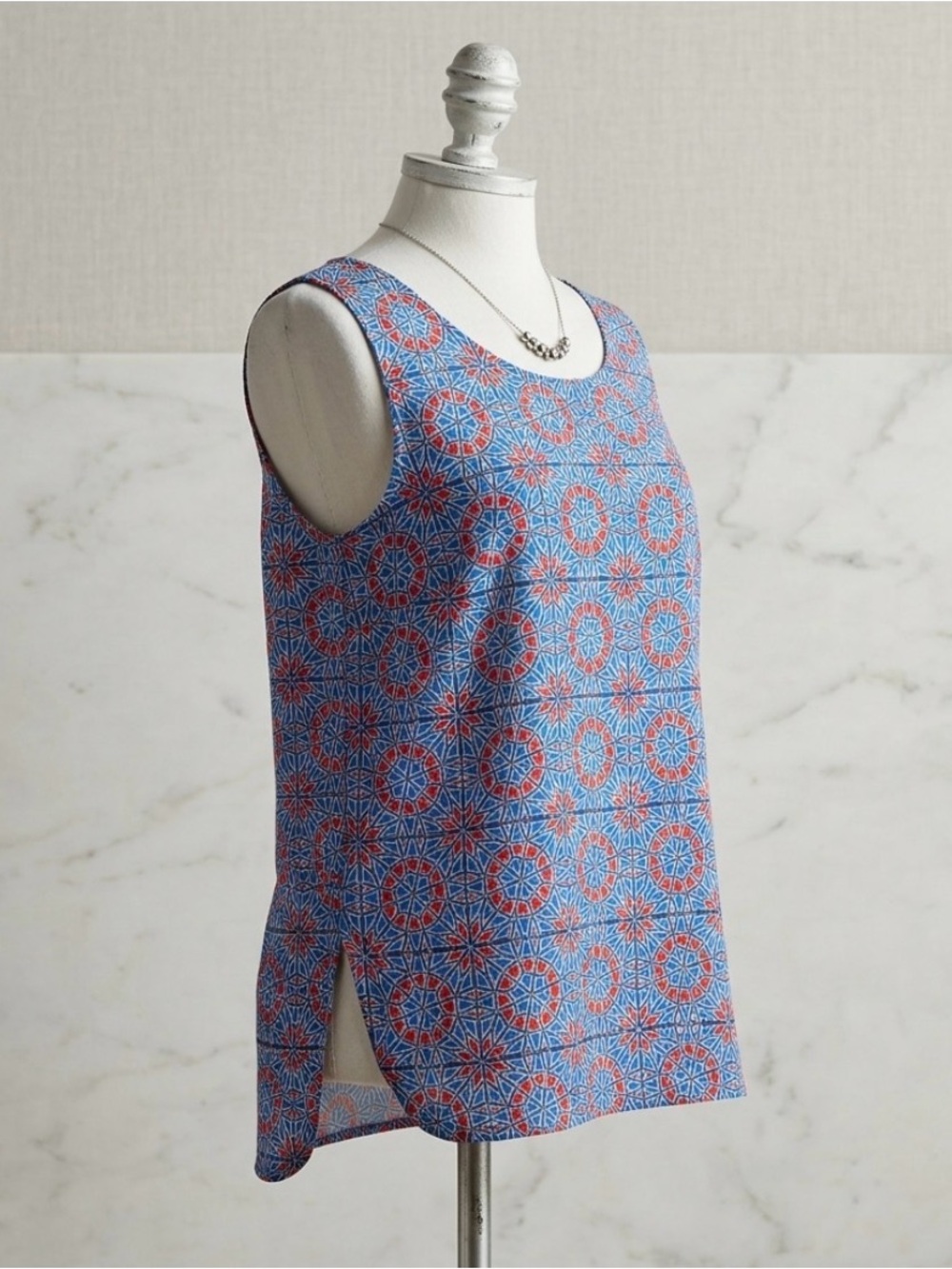 J. Crew Geometric Sleeveless Blouse in Blue & Red & white geometric print